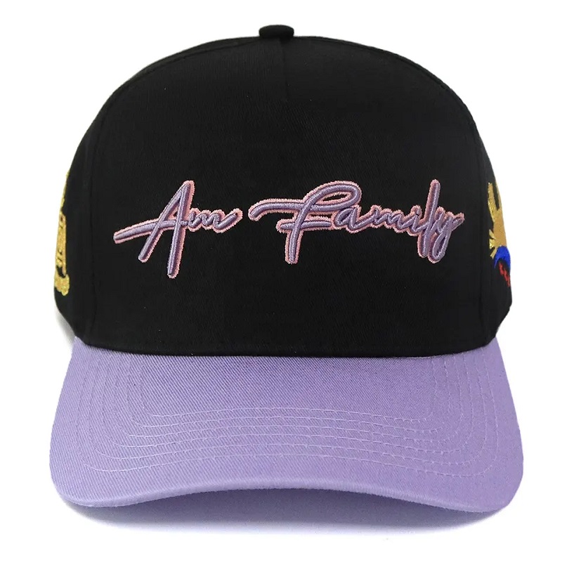 Nuevo color de contraste de llegada colornegro y púrpura personal personalizado 5 panel bordado logo de béisbol gorra de béisbol sombreros deportivos para adultos