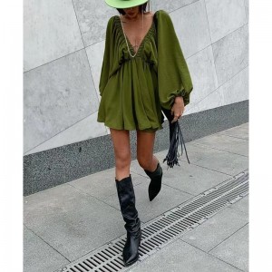 Diseño retro Viento casual Neck V blusa de color sólido Autumn NUEVO MANAVA LANGERA Temperamento de la cintura alta hembra