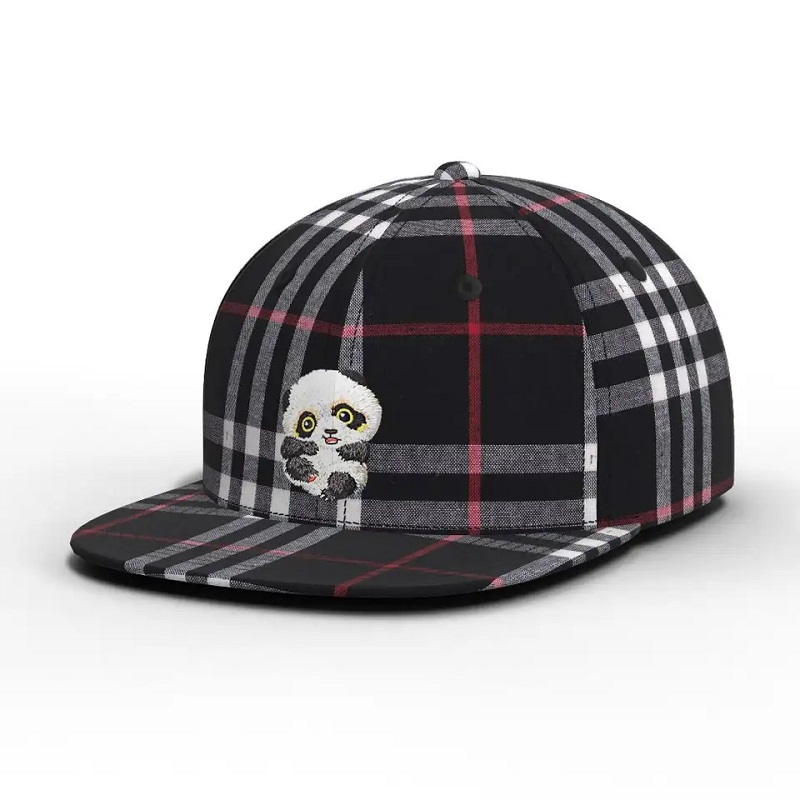 Allanales Color de cartón personalizado de alta calidad Panda Hat a cuadros Plaid Flat Brim Snapback Capacita