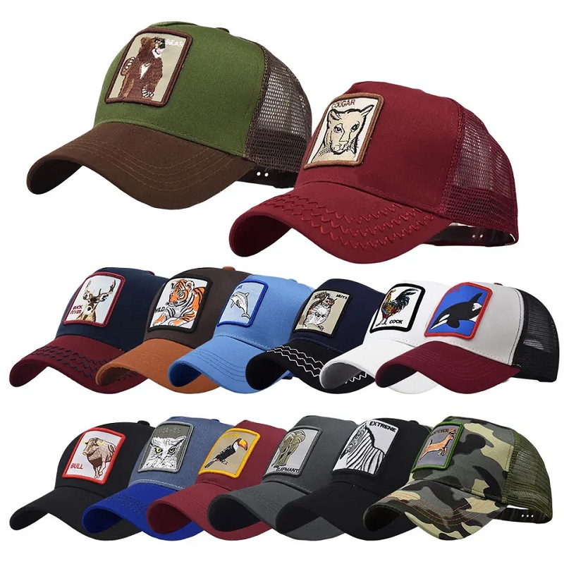 Fashion al por mayor 5 panel de dibujos animados deportivos de bordado malla gorros gorall gorro para hombres animales camioneros