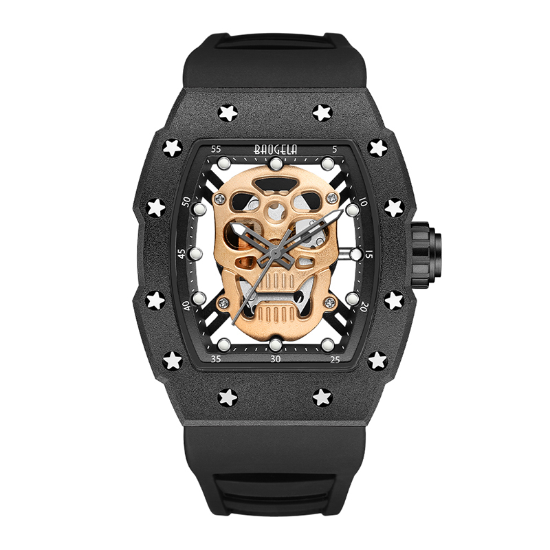 Baogela Skull Tonneau Watch Top Brand Quartz Watches de acero inoxidable Relojes creativos impermeables Strap Store Watch Rose 4141