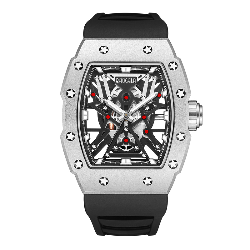 Baogela Top Brand Dominante Tonneau Mecánico Estilo industrial Skeleton Luminoso Wating Sports Watches Steel Silicone Watch 4147