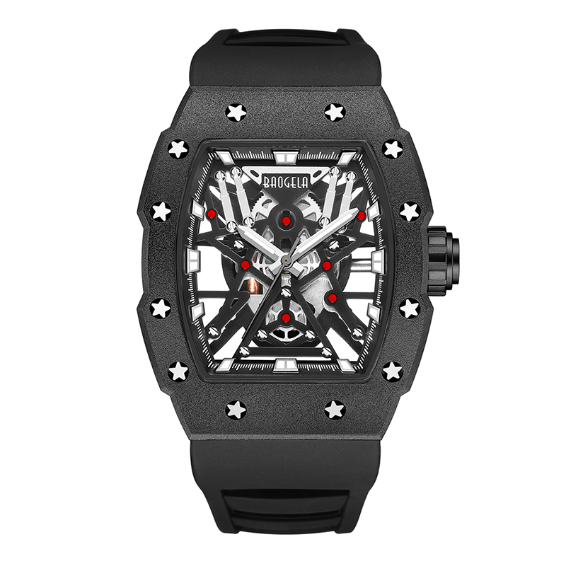 Baogela Top Brand Dominante Tonneau Mecánico Estilo industrial Skeleton Luminoso Wating Sports Watches Steel Silicone Watch 4147