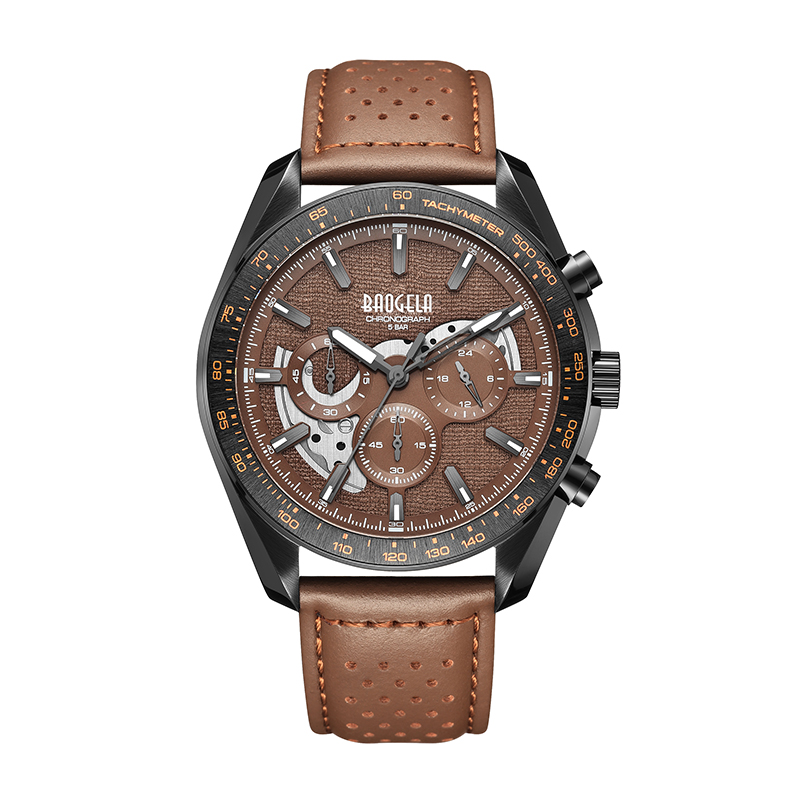 Baogela New Luxury Men Sport Quartz Male Cronograph Calendar Movimiento Japón 50Bar Top Market Reloj Genuine Leather Wutwatch 22804