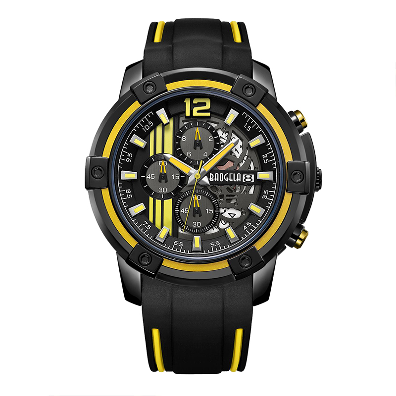 Baogel Men \\ S Strap de siliconanegra Relojes de cuarzo cronógrafo Sports Wutwatch para hombre 3atm Handas luminosas impermeables Amarillo 22701