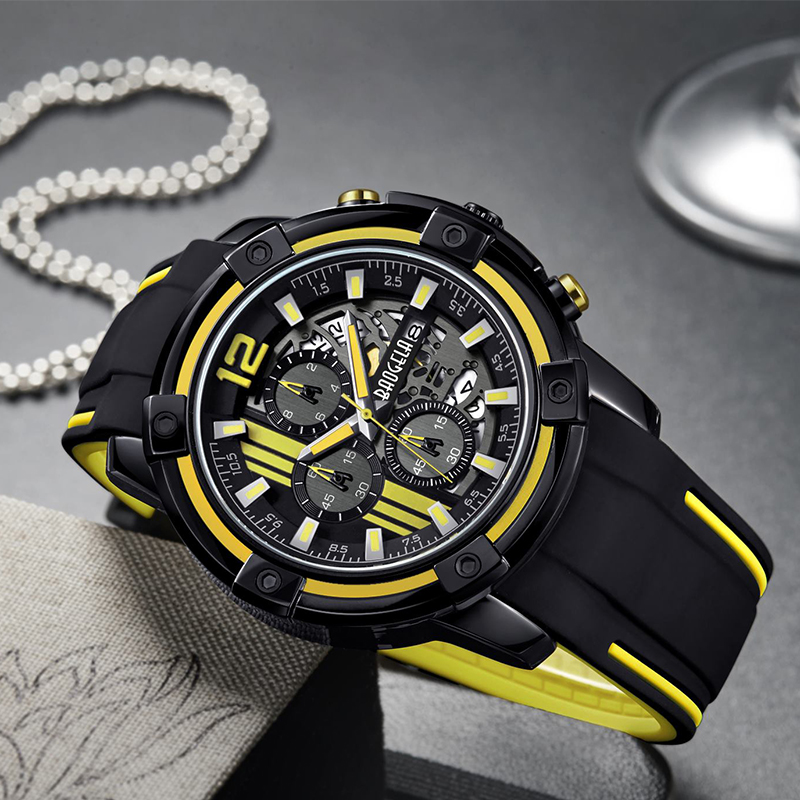 Baogel Men \\ S Strap de siliconanegra Relojes de cuarzo cronógrafo Sports Wutwatch para hombre 3atm Handas luminosas impermeables Amarillo 22701