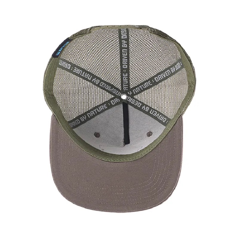 Fashion Popular Flat Brim Mesh Hat Bordery Grey Patch 5 Panel de plástico Snapback Camioner Tapa y sombrero