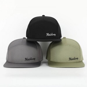 OEM Logotipo de bordado de alta calidad OEM Luxury 7 Panel Snapback Cap Interior Bill Flat Back Sapto con agujeros de corte con láser