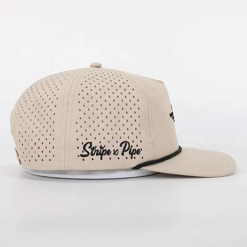 Logotipo de bordado personalizado al por mayor 5 panel de papá Dad Hat Gorras de poliéster de alta calidad Gorras, Láser Cut Hole Sport Rope Black Baseball Baseball