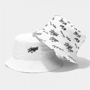 WO Side Bucket Hat, un lado con logotipo de bordado en el frente con todo el logotipo de logotipo impreso reversible.