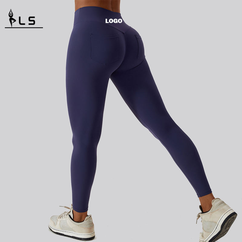 SC1091 Leggings de yoga el estiramiento de cuatro vías de cintura sólida de gimnasio Empuje las leggings brillantes denylon elastane