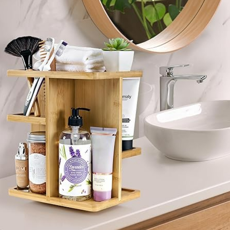 Organizador de maquillaje SORBUS 360 ° - Carruso de almacenamiento de maquillaje de madera de bambú para cosméticos, organizador de maquillaje giratorio para el cuidado de la piel para tocador, almacenamiento de baño