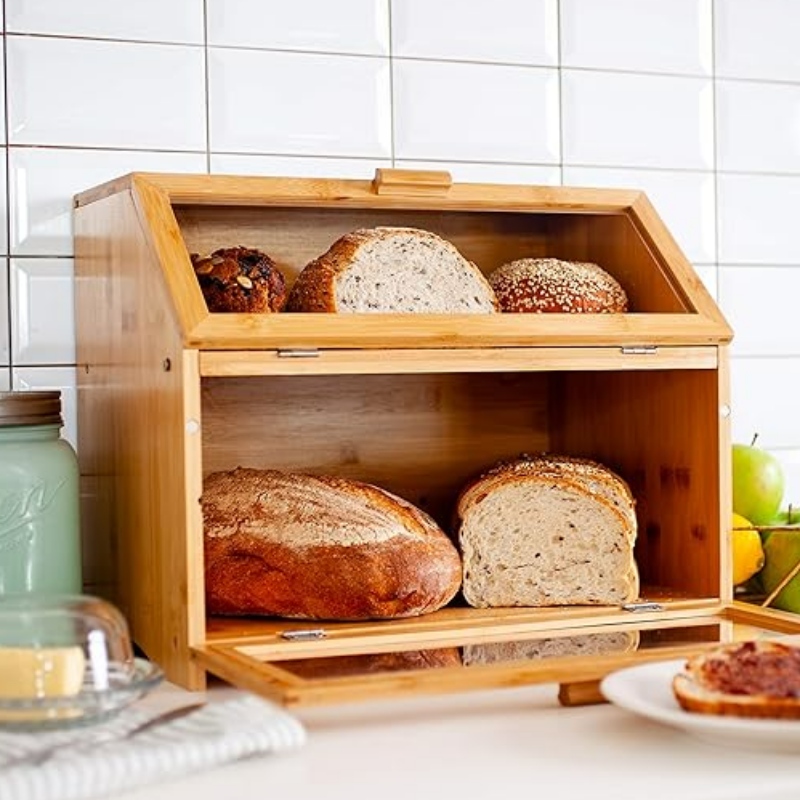 Caja de pan de bambú para mostrador de cocina - almacenamiento de pan de doble capa con ventanas transparentes - contenedor de pan de estilo de granja rústica