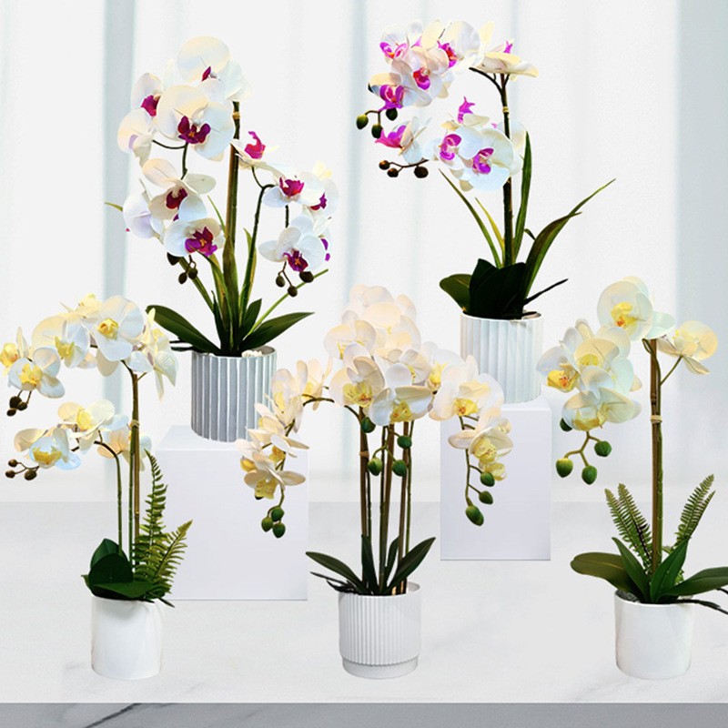 Flor de orquídea de mariposa de mariposa artificial blanca al por mayor toque blanco en maceta blanca