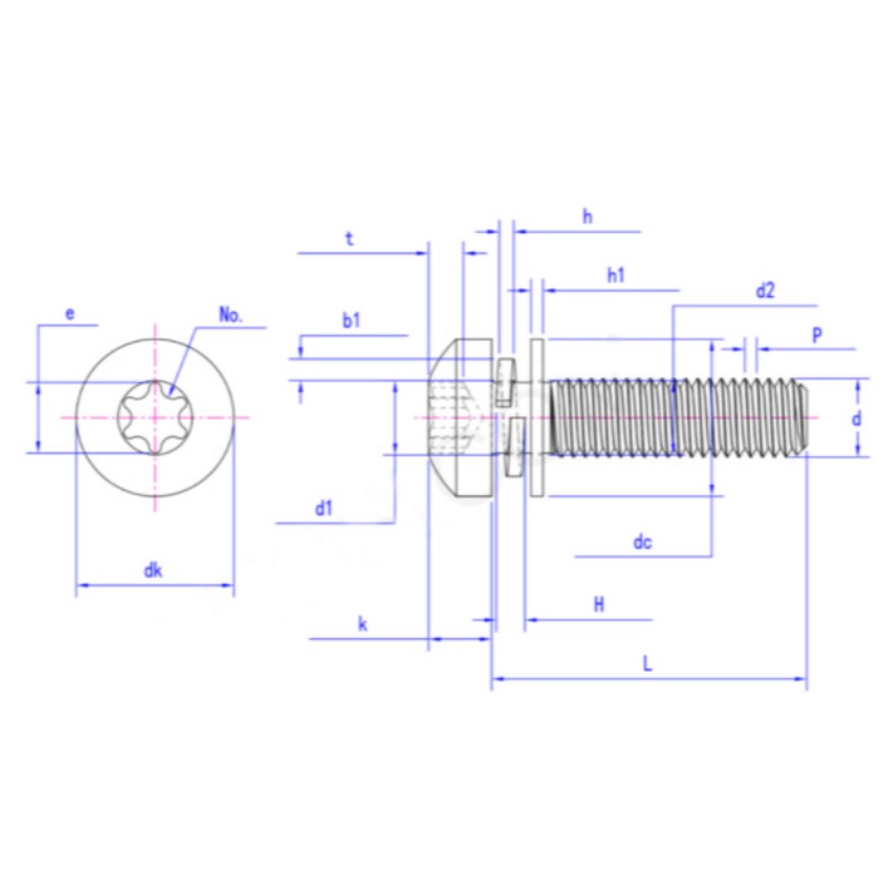 Tornillo de cabeza alomada con casquillo hexalobular y arandela plana y elástica