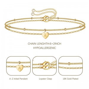 Pulsera Hongde Golden Heart Letra A chapada en oro de 18 quilates-Pulsera con inicial Z Pilas de pulseras de corazón