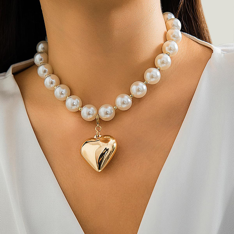 Hongde Collares de corazón para mujer, collar de corazón grueso de oro, gargantilla con cuentas de perlas, collar Y2k, accesorios de joyería de moda, regalos