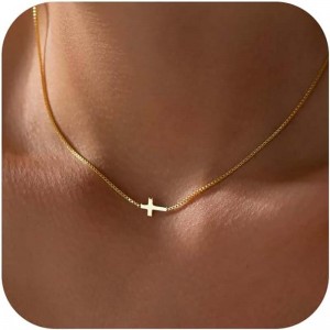Collar de cruz para mujer, chapado en oro real de 14 quilates, chapado en plata, con colgante de cruz pequeña, simple y moderno, lindo collar de cadena con dije de cruz, joyería de fe, regalo minimalista religioso