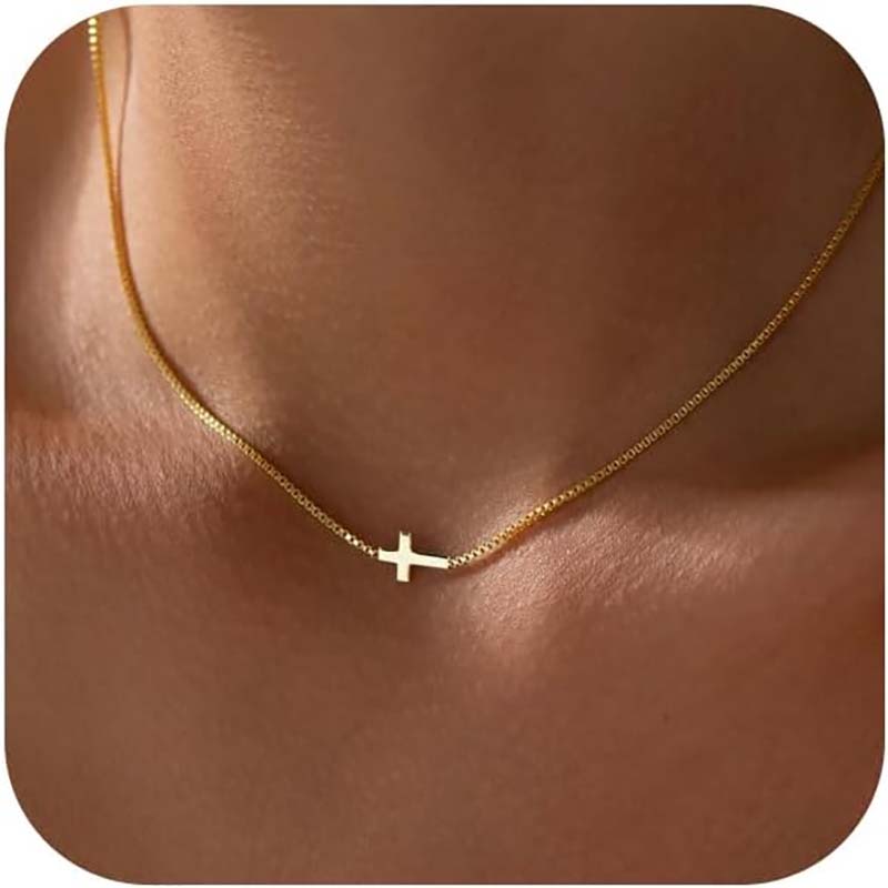 Collar de cruz para mujer, chapado en oro real de 14 quilates, chapado en plata, con colgante de cruz pequeña, simple y moderno, lindo collar de cadena con dije de cruz, joyería de fe, regalo minimalista religioso