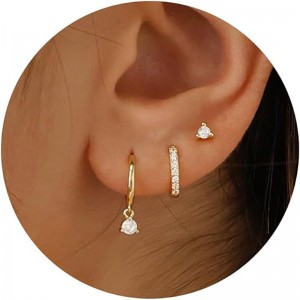 Juego de 3 pares de pendientes de aro de oro: delicados pendientes de tuerca, pequeños y modernos chapados en oro de 14 quilates, hipoalergénicos, colgantes para cartílago, pendientes de aro para mujer, joyería de oro para mujeres yn...