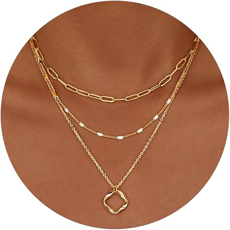 Doble Minimalista-Collar de capa chapado en oro de 4 quilates, collar de gargantilla con colgante de cadena con clip de círculo de moda, conjunto de joyas con lazo cruzado de diamantes de oro simple, regalos para mujeres