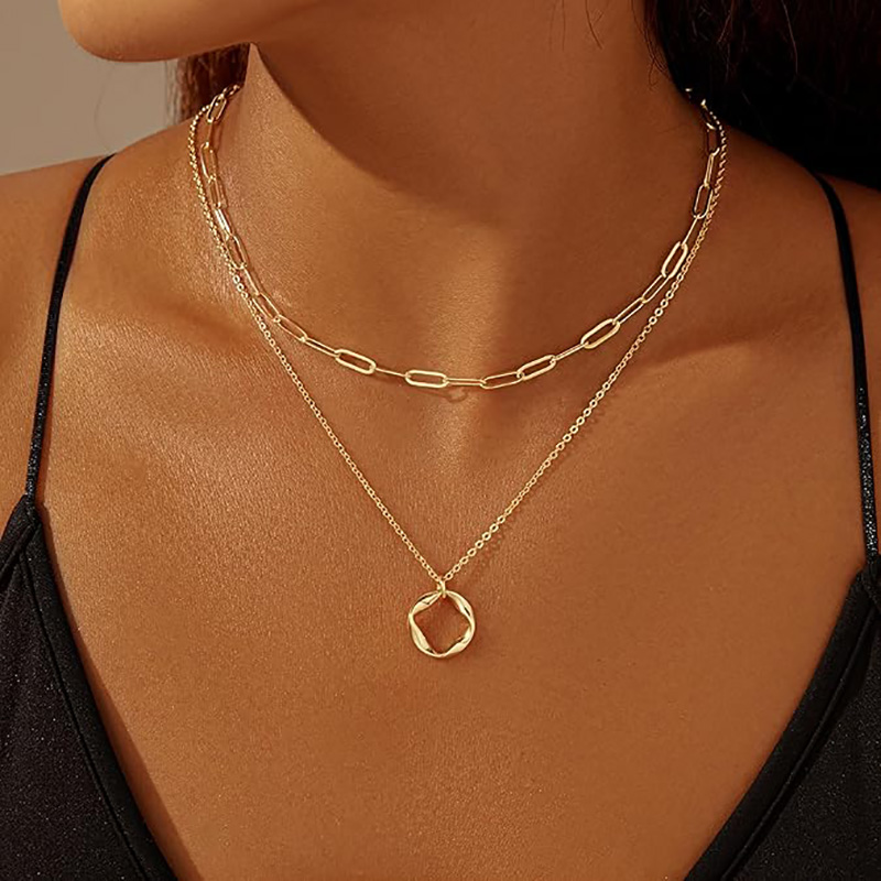 Doble Minimalista-Collar de capa chapado en oro de 4 quilates, collar de gargantilla con colgante de cadena con clip de círculo de moda, conjunto de joyas con lazo cruzado de diamantes de oro simple, regalos para mujeres