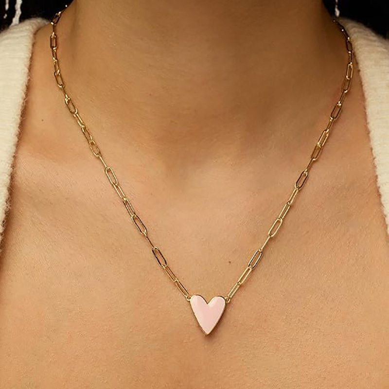 Collar con colgante de esmalte de corazón chapado en oro de 14 quilates para mujer, collares de cadena con clip de amor, colgantes de corazón de esmalte blanco azul, rosa, morado