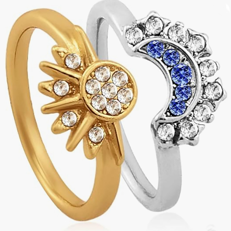 Anillo ajustable de sol y luna celestial - oro de 18 km & Aleación de cobre platado platino abierto-Anillo de banda con blanco & Zirconia cúbica azul para amantes de la astrología y elegante ropa de moda