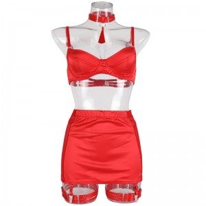 Satén sexy-Mujeres de falda de lápiz de malla de malla cosida\\Lingería de moda cinco-Piece set.my96618 Precio:$119.99