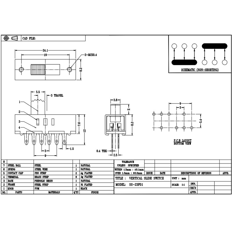 Switch SS23F10 tres tres-Interruptor deslizante de velocidad para el ajuste de la temperatura del color de la luz LED y alto-motor de secador de pelo de velocidad