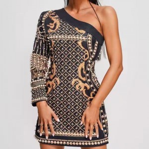 Summer Jacquard Knit Slant Swein Long Sangeave, vestidos delgados con cuentas