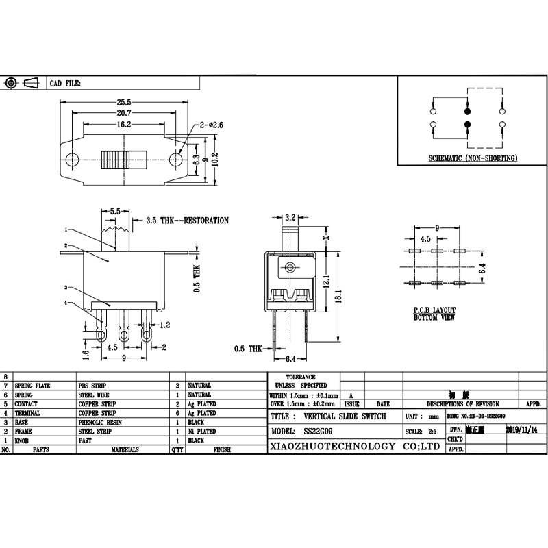 Slide Switch SS22G09 para el robot barrido es un doble-Fila 6-Pin Interruptor de reinicio de alternancia vertical