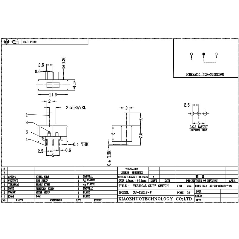Interruptor de deslizamiento SS12E17 Interruptor de deslizamiento eléctrico Fond Pie 2-posición 3-interruptor de palanca