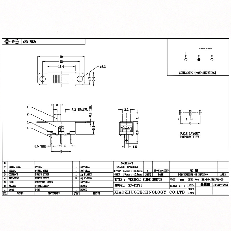 Slide Switch SS12F71 Toy Audio Single-Fila tres-Pin Interruptor deslizante LED LED Swink Micro Vertical Slide Switch