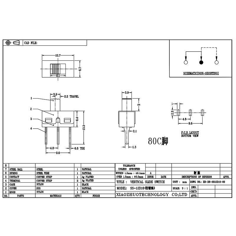 interruptor de deslizamiento SS12D10 Interruptor de deslizamiento de juguete electrónico 2-posición 3-alfiler-interruptor de banda escénica