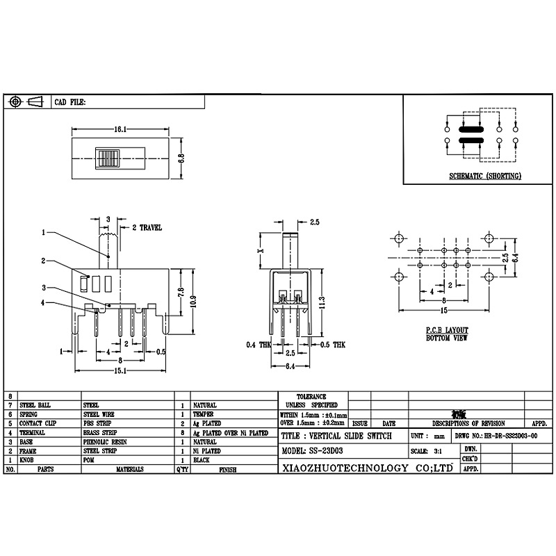 interruptor de deslizamiento SS23D03, doble-Fila ocho-Pin tres-Posición, interruptor de empuje Interruptor de micro deslizamiento personalizado para electrodomésticos