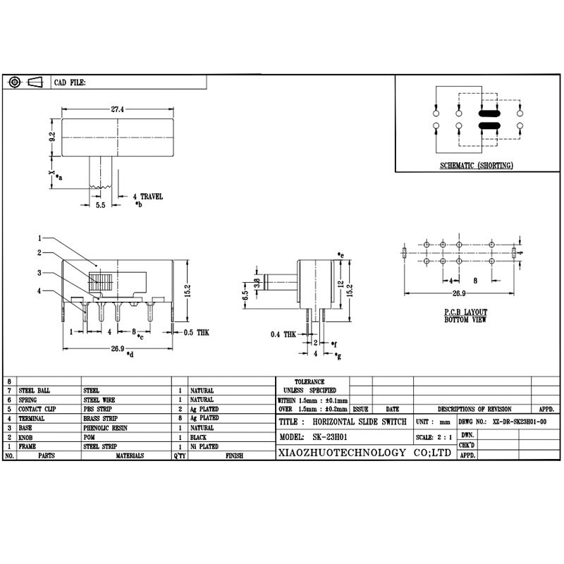 interruptor deslizante SK23H01 pequeño bipolar tres-posición dos-Fila ocho-lado horizontal-Tirar el interruptor de deslizamiento 2P3T