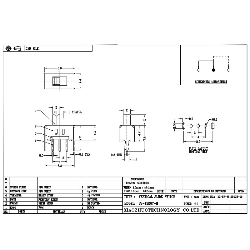 interruptor de deslizamiento SS12D07 para electrodomésticos pequeños, 2-velocidad soltera-Fila 3-alfiler horizontal, banda vertical